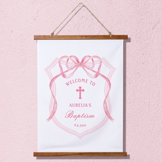 Pink Bow Crest Baptism Welcome Hanging Tapestry (Creator Uploaded)