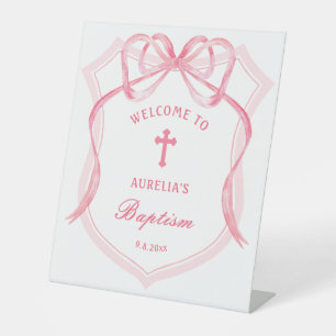 Pink Bow Crest Baptism Welcome Pedestal Sign