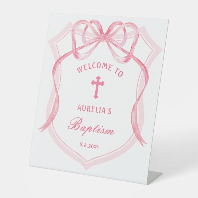 Pink Bow Crest Baptism Welcome Pedestal Sign (Front)