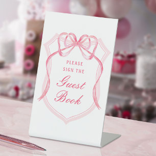 Pink Bow Crest Guest Book Pedestal Sign