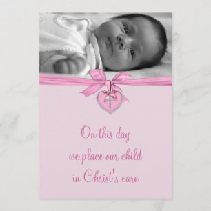Pink Bow Cross Baby Girl Photo Christening Invitation