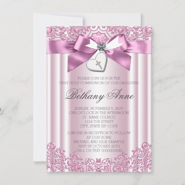 Pink Bow Cross First Communion Invitation (Front)