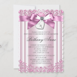 Pink Bow Cross First Communion Invitation