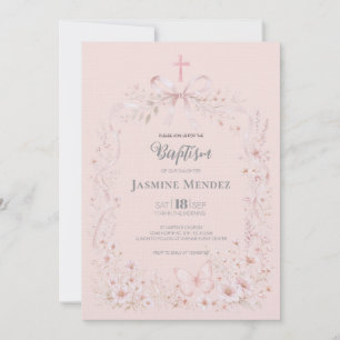 Pink Bow Cross Floral Butterflies Girl Baptism Invitation