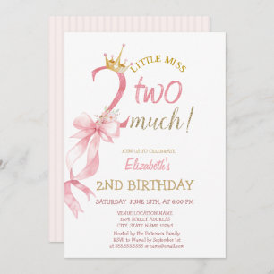 Pink Bow Crown Flowers Striped 2nd Birthday Invitation