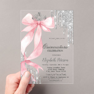 Pink Bow Crown Glitter Drips Rose Gold Quinceañera Acrylic Invitations