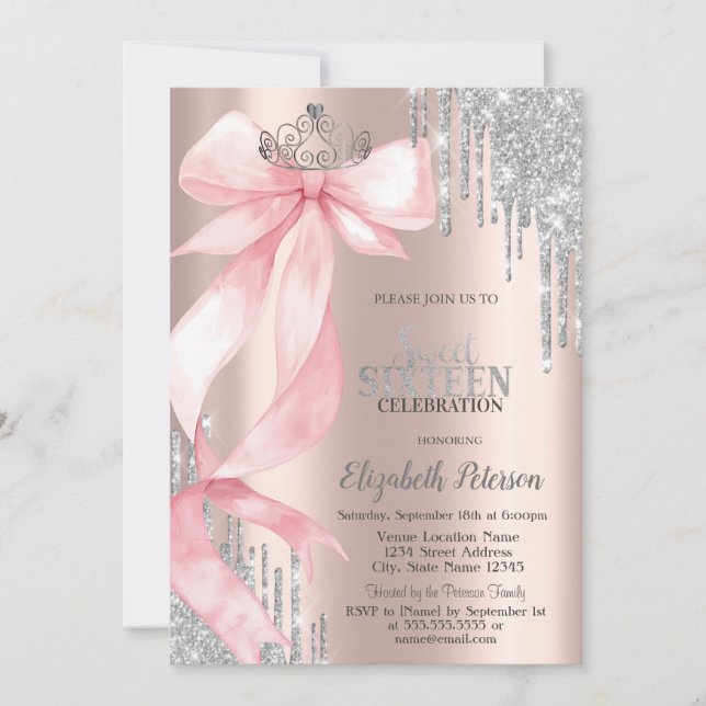 Pink Bow Crown Glitter Drips Rose Gold Sweet 16 Invitation (Front)