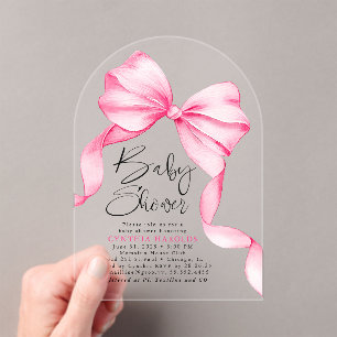 Pink Bow Cute Baby Girl Baby Shower Acrylic Invitations