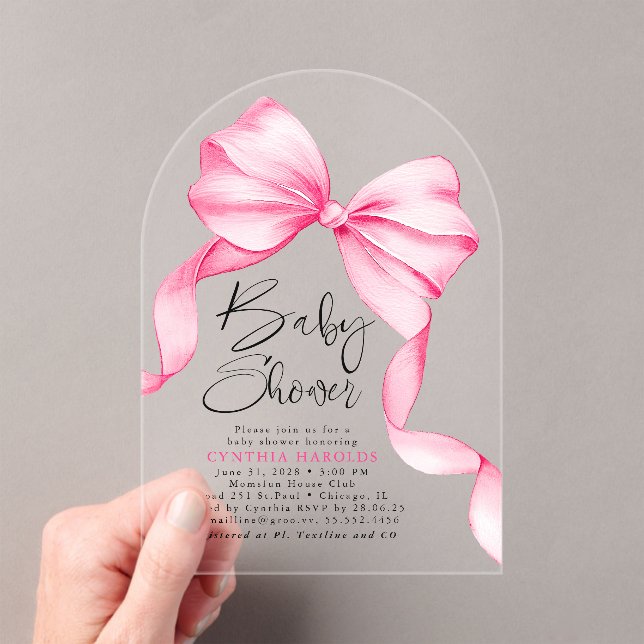 Pink Bow Cute Baby Girl Baby Shower Acrylic Invitations (Insitu (Handheld))