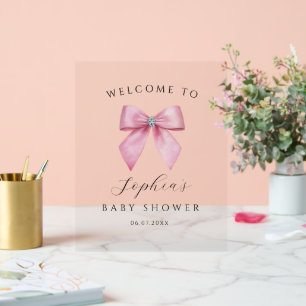 Pink Bow Cute Baby Shower Clear Welcome Sign