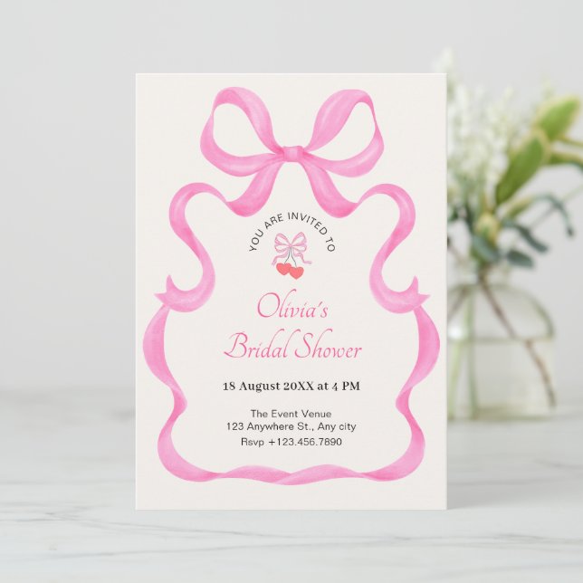 Pink bow cute bridal shower invitation (Standing Front)