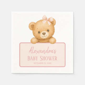 Pink Bow Cute Brown Teddy Bear Baby Girl Shower Napkin
