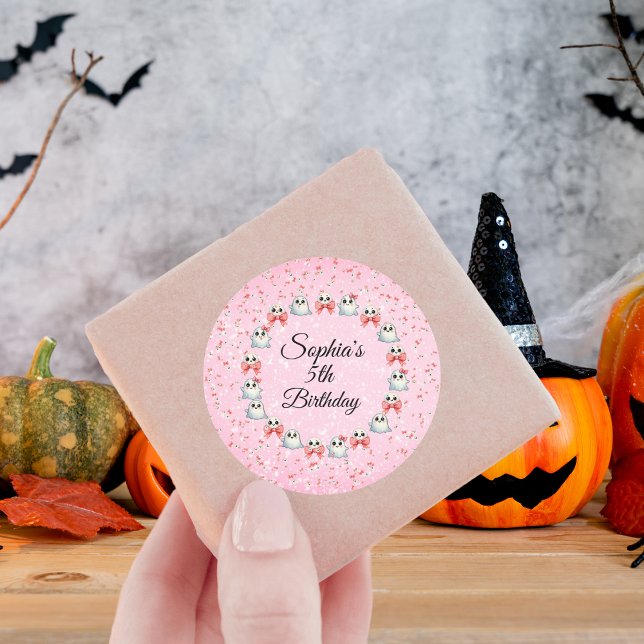 Pink Bow Cute Ghost Halloween Kids Birthday Classic Round Sticker (Creator Uploaded)