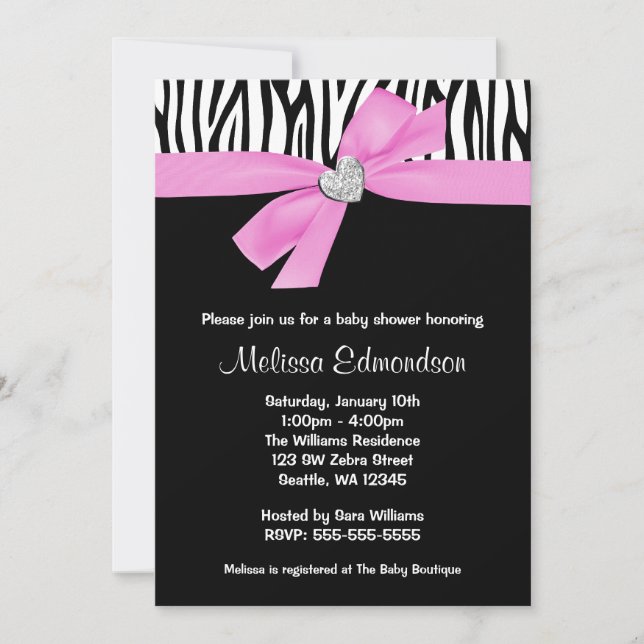 Pink Bow Diamond Heart Zebra Baby Shower Invitation (Front)