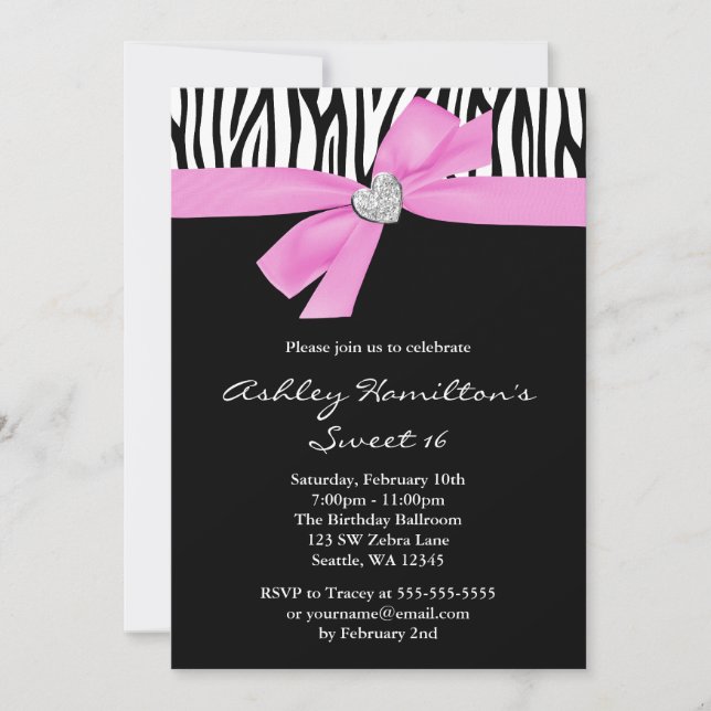 Pink Bow Diamond Heart Zebra Sweet 16 Invitation (Front)