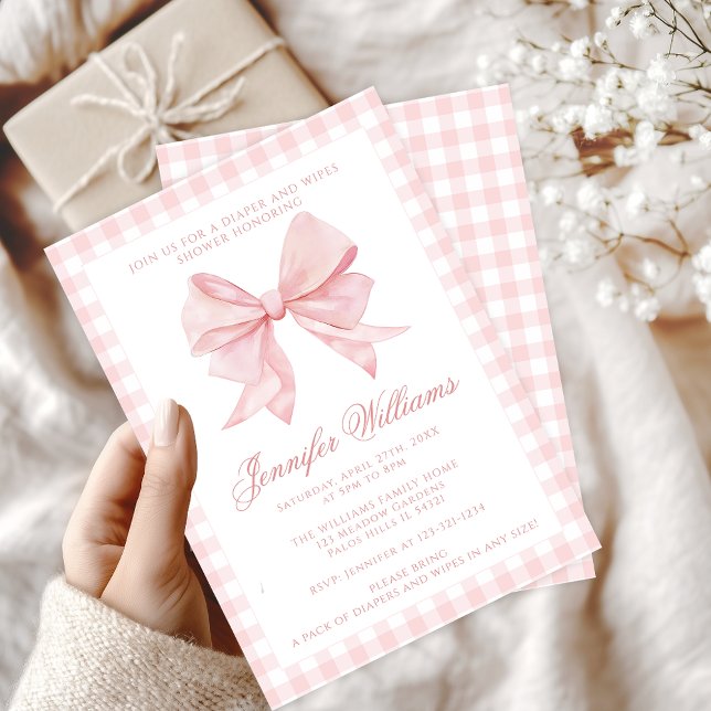 Pink Bow Diaper and Wipes Baby Girl Shower Invitation (Creator Uploaded)