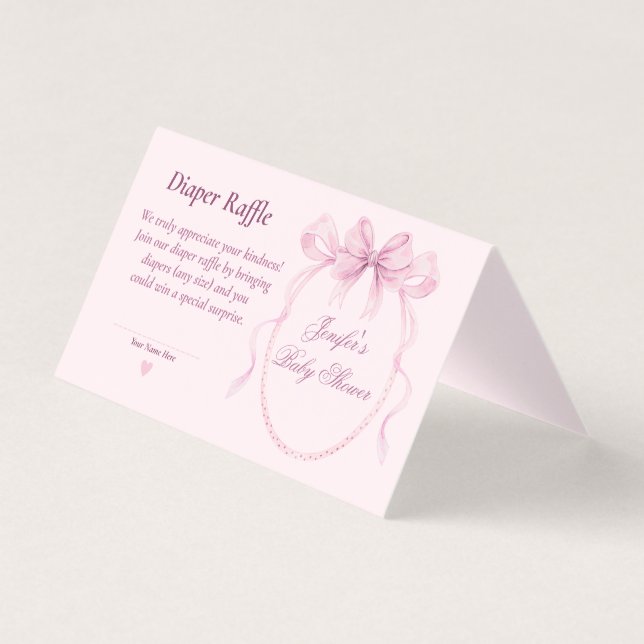 Pink Bow Diaper Raffle Card for Baby Shower (Front)
