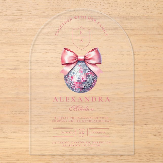 Pink Bow Disco Ball Graduation Party Acrylic Invitations (Front)