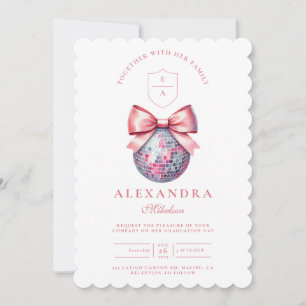 Pink Bow Disco Ball Graduation Party Invitation