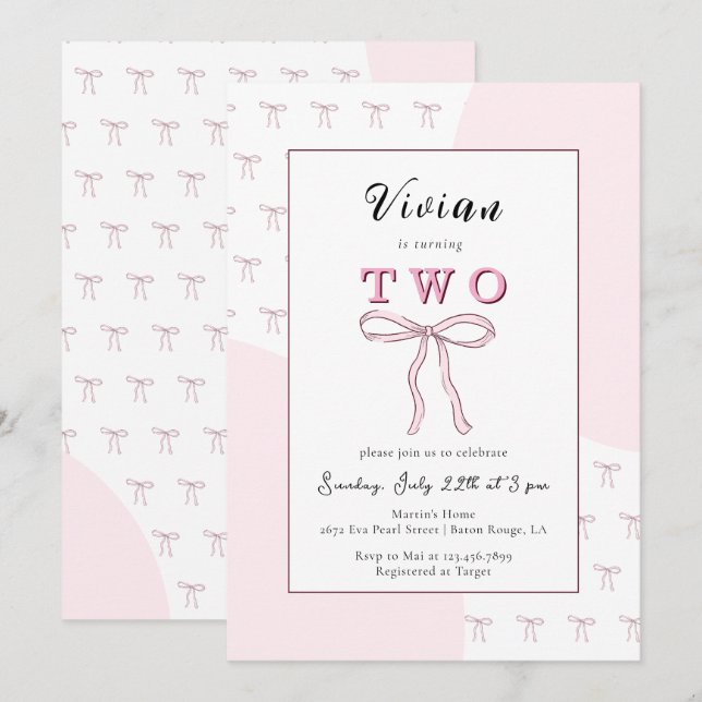 Pink Bow Doodle Girl 2nd birthday Invitation (Front/Back)