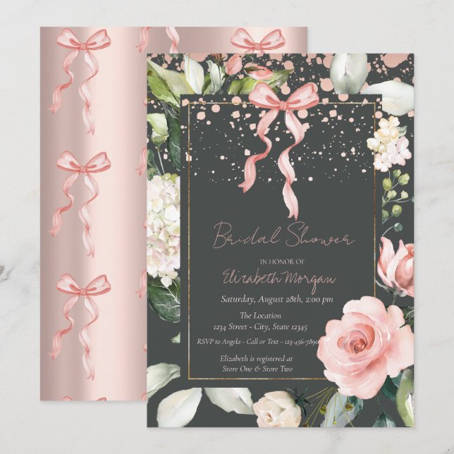 Pink Bow Dots Roses Rose Gold Bridal Shower Invitation (Front/Back)