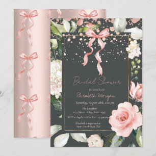 Pink Bow Dots Roses Rose Gold Bridal Shower Invitation