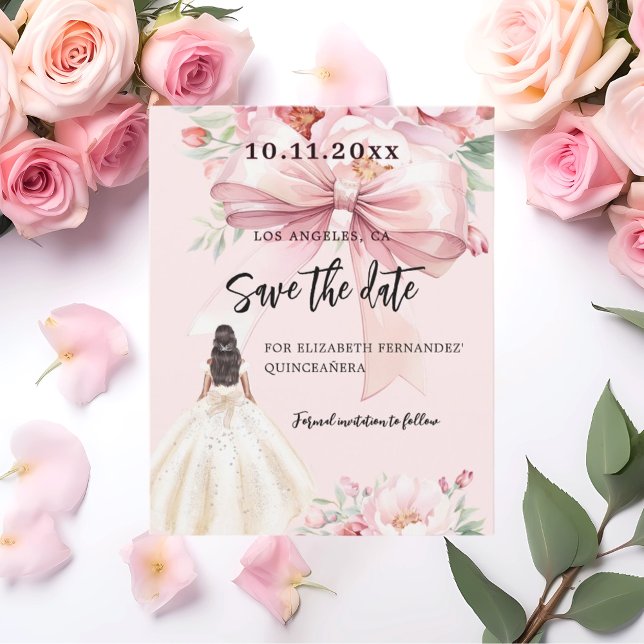Pink bow dress Quinceanera Save the Date card (Creator Uploaded)