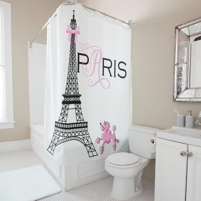 Pink Bow Eiffel Tower Paris France Poodle Custom Shower Curtain (In Situ)