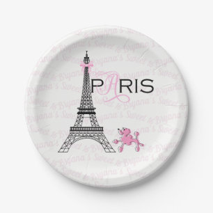Pink Bow Eiffel Tower Paris France Poodle Party Paper Plate