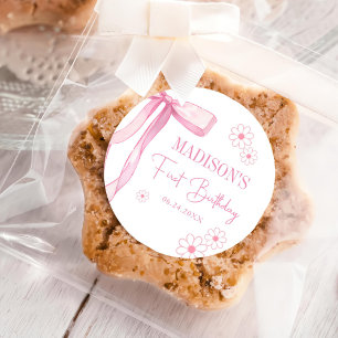 Pink Bow Elegant 1st Birthday Classic Round Sticker