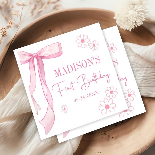 Pink Bow Elegant 1st Birthday Napkin (Creator Uploaded)