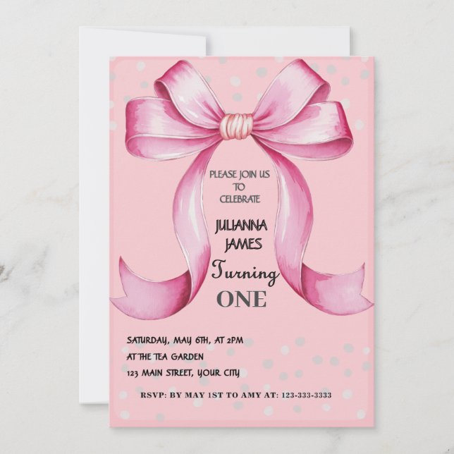 Pink Bow Elegant 1st birthday party Invitation (Front)