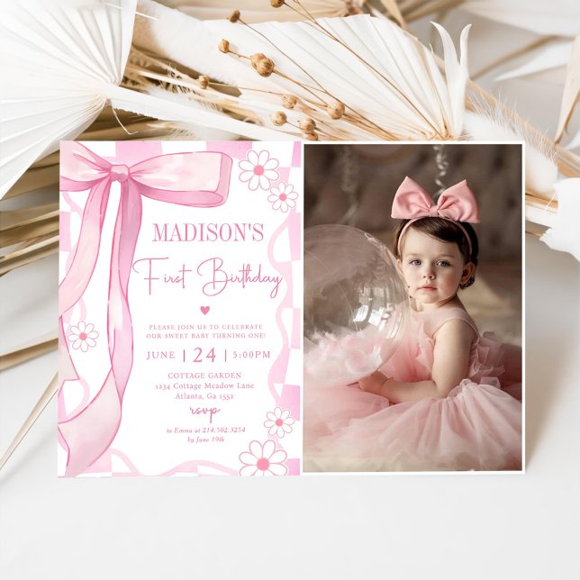  Pink Bow Elegant 1st Birthday Photo Invitation (Creator Uploaded)