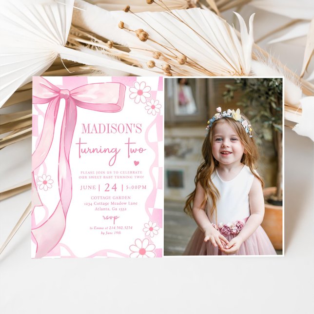 Pink Bow Elegant 2nd Birthday Photo Invitation (Creator Uploaded)