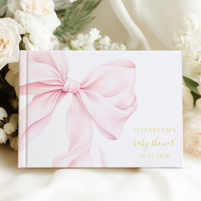 Pink Bow Elegant Baby Shower Gold Guest Book (Creator Uploaded)