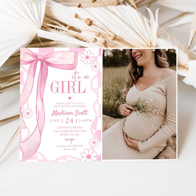 Pink Bow Elegant Baby Shower Photo Invitation (Creator Uploaded)
