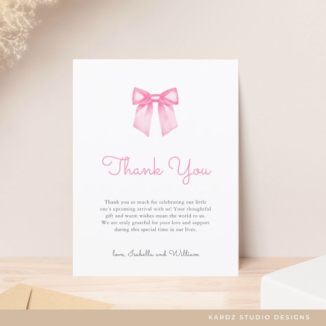 Pink Bow Elegant Baby Shower Thank You Postcard (Personalize front and back of postcard.)