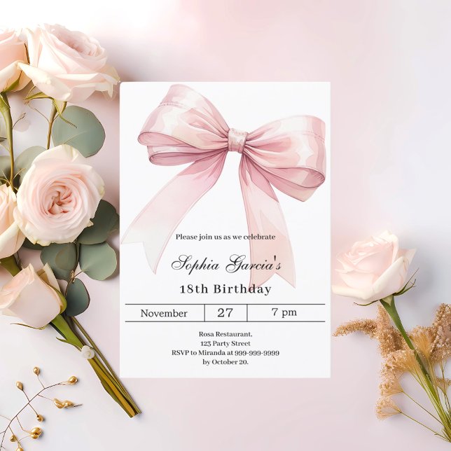 Pink bow elegant Birthday Invitation (Creator Uploaded)