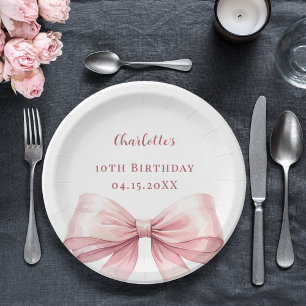 Pink bow elegant birthday paper plate