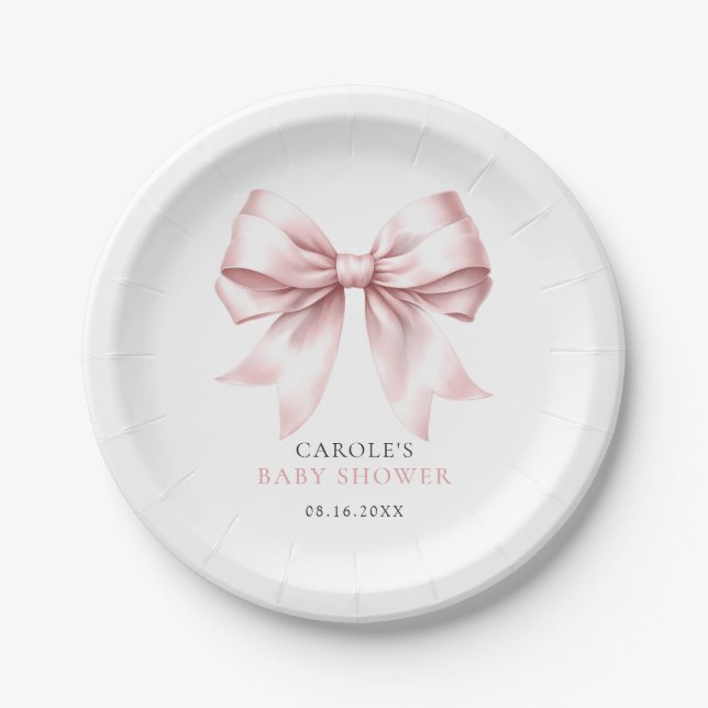 Pink Bow Elegant Blush Baby Girl Baby Shower Paper Plate (Front)