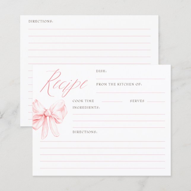 Pink Bow Elegant Bridal Shower Recipe Cards (Front/Back)