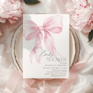 Pink Bow Elegant minimalist Baby girl Shower Invitation