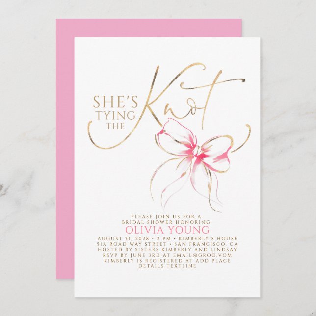Pink Bow Elegant Modern Minimalist Bridal Shower Invitation (Front/Back)