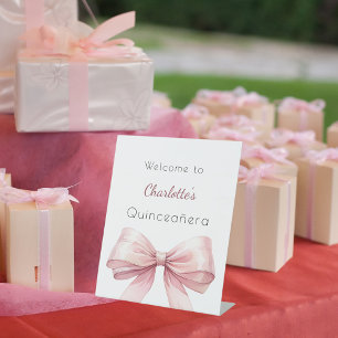 Pink bow elegant Quinceanera welcome Pedestal Sign