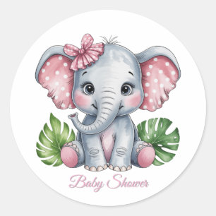 Pink Bow Elephant Girl Baby Shower Classic Round Sticker
