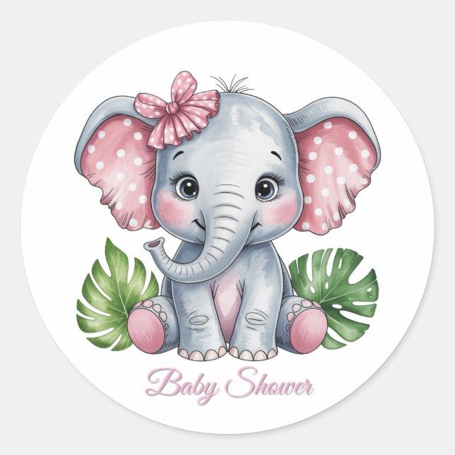 Pink Bow Elephant Girl Baby Shower Classic Round Sticker (Front)