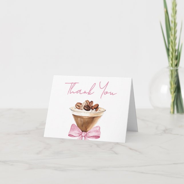 Pink Bow Espresso Martini Baby Shower Thank You Card (Front)