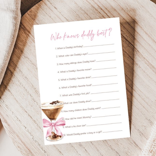 Pink Bow Espresso Martini Shower Who Knows Game (Espresso Baby Shower Game)