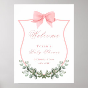 Pink Bow Eucalyptus Crest Baby Shower Welcome Poster