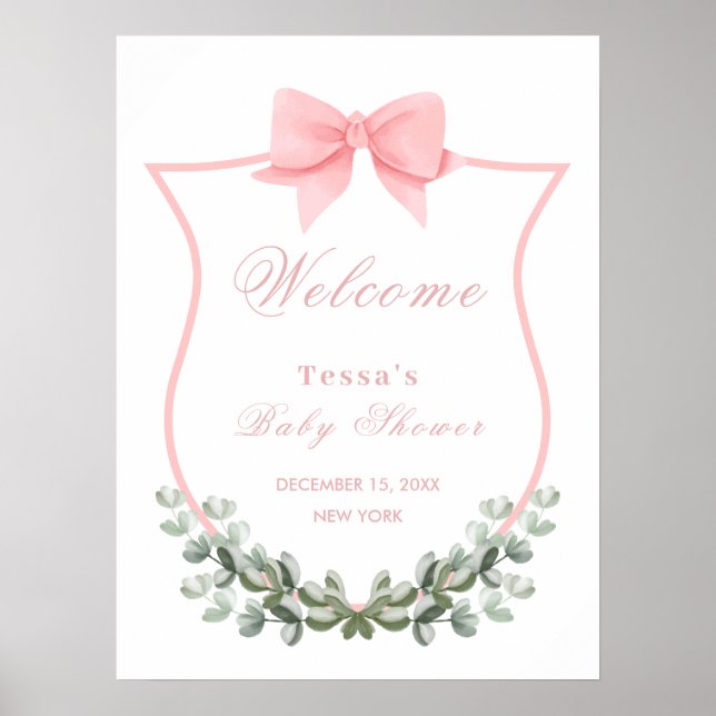 Pink Bow Eucalyptus Crest Baby Shower Welcome  Poster (Front)